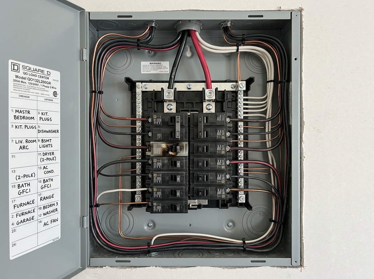 Electrical breaker panel showing circuit breakers that may need emergency electrical repair
