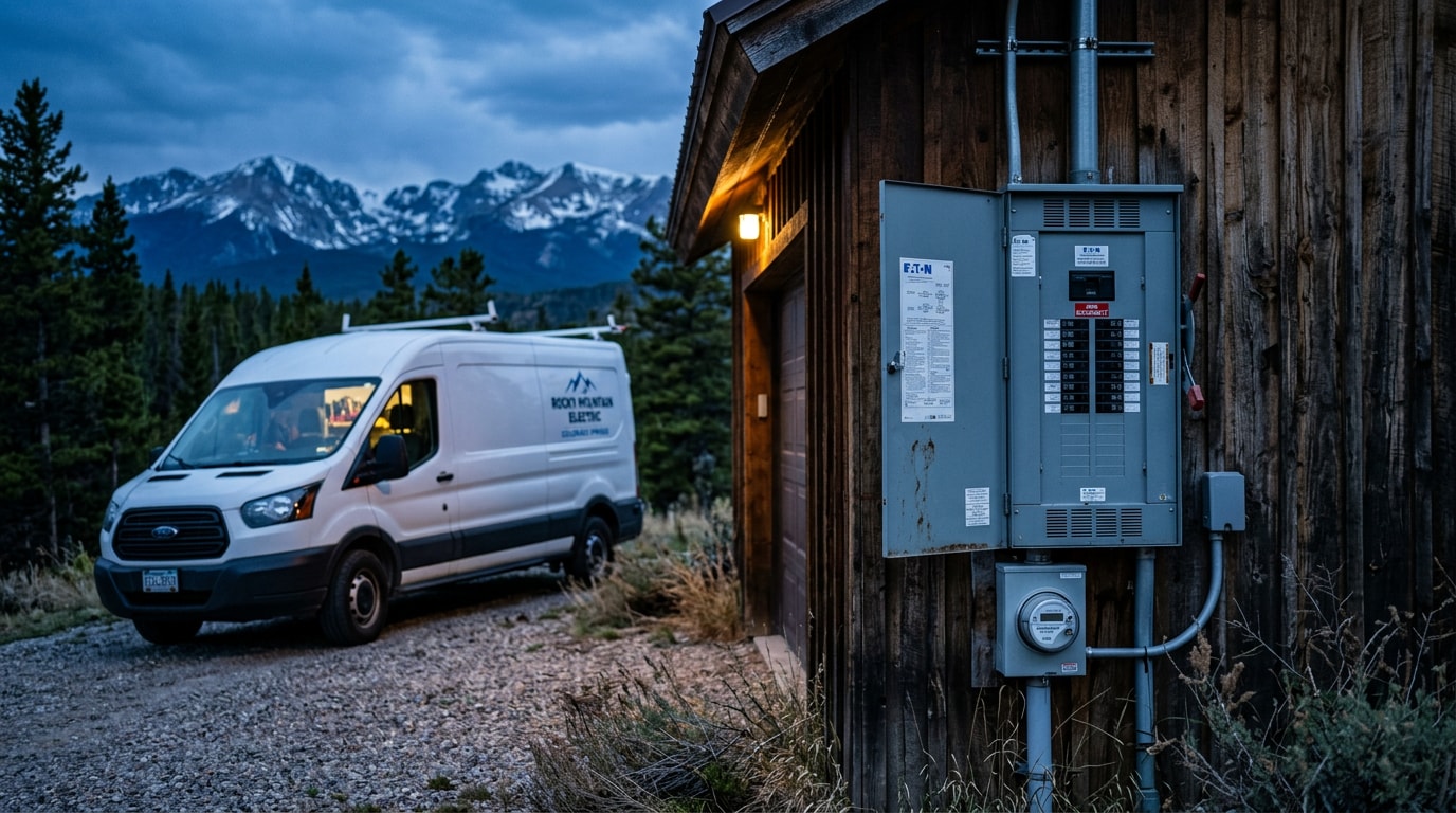Residential electrical panel on a Colorado mountain home at dusk with a service van nearby