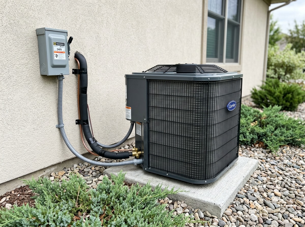outdoor air conditioner condenser on a concrete pad with a weatherproof electrical disconnect box mounted on the wall