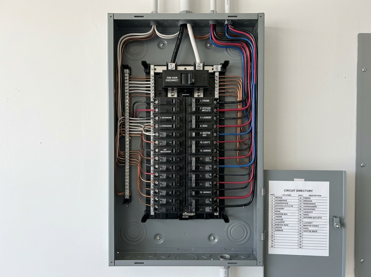 open 200 amp residential electrical panel with neatly labeled breakers and dressed copper conductors