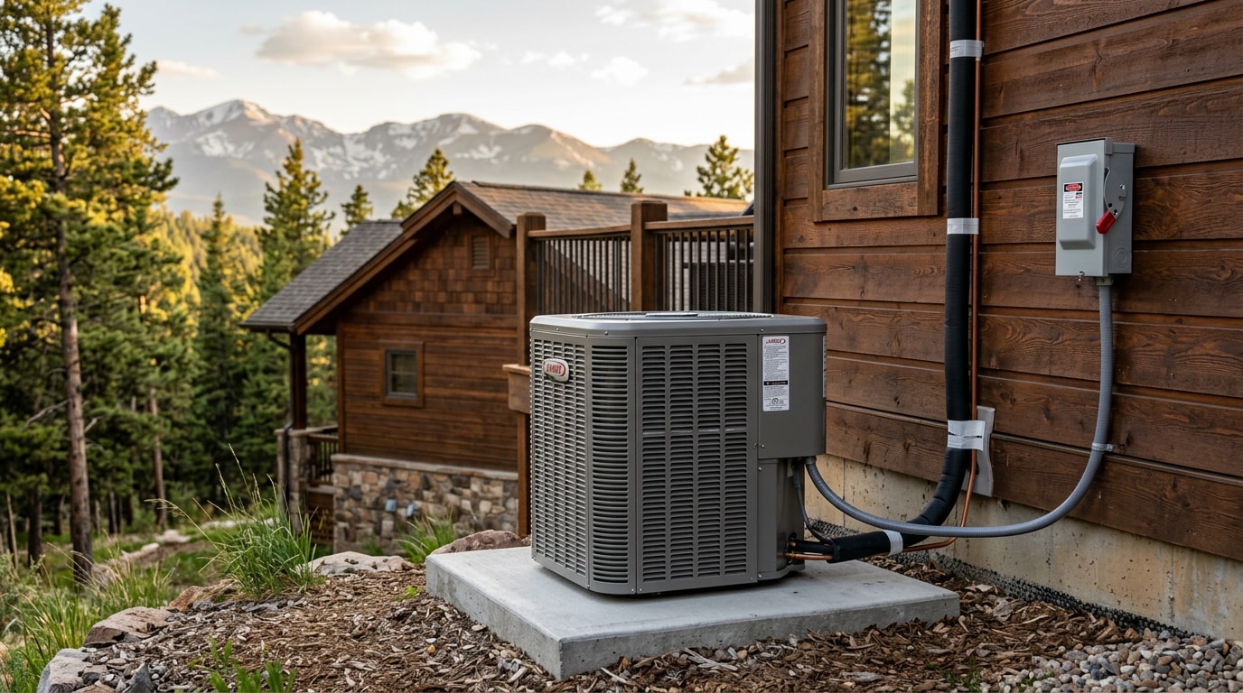 New outdoor AC condenser and electrical disconnect installed at a Salida, CO home