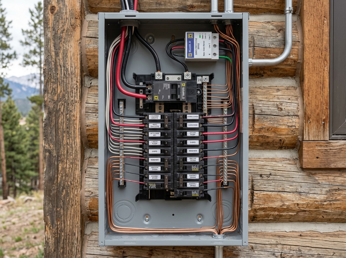 New 200-amp service panel with labeled breakers installed on an exterior wall of a Buena Vista, Colorado home