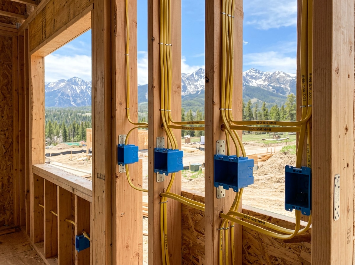 Electrical rough-in wiring with boxes and home runs in an unfinished new construction wall near Buena Vista, Colorado