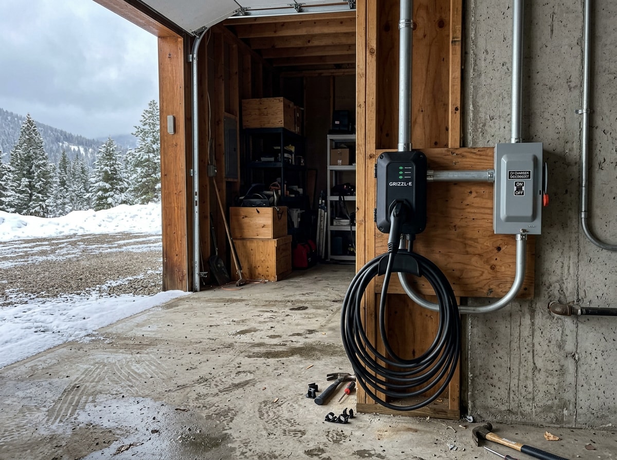 Detached mountain garage with a wall-mounted Level 2 EV charger and weather-rated conduit in Chaffee County, Colorado