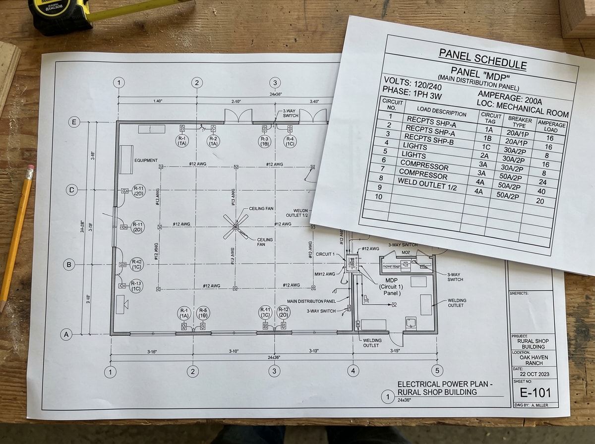 Electrical CAD power plan sheet with panel schedule for a rural Colorado shop building