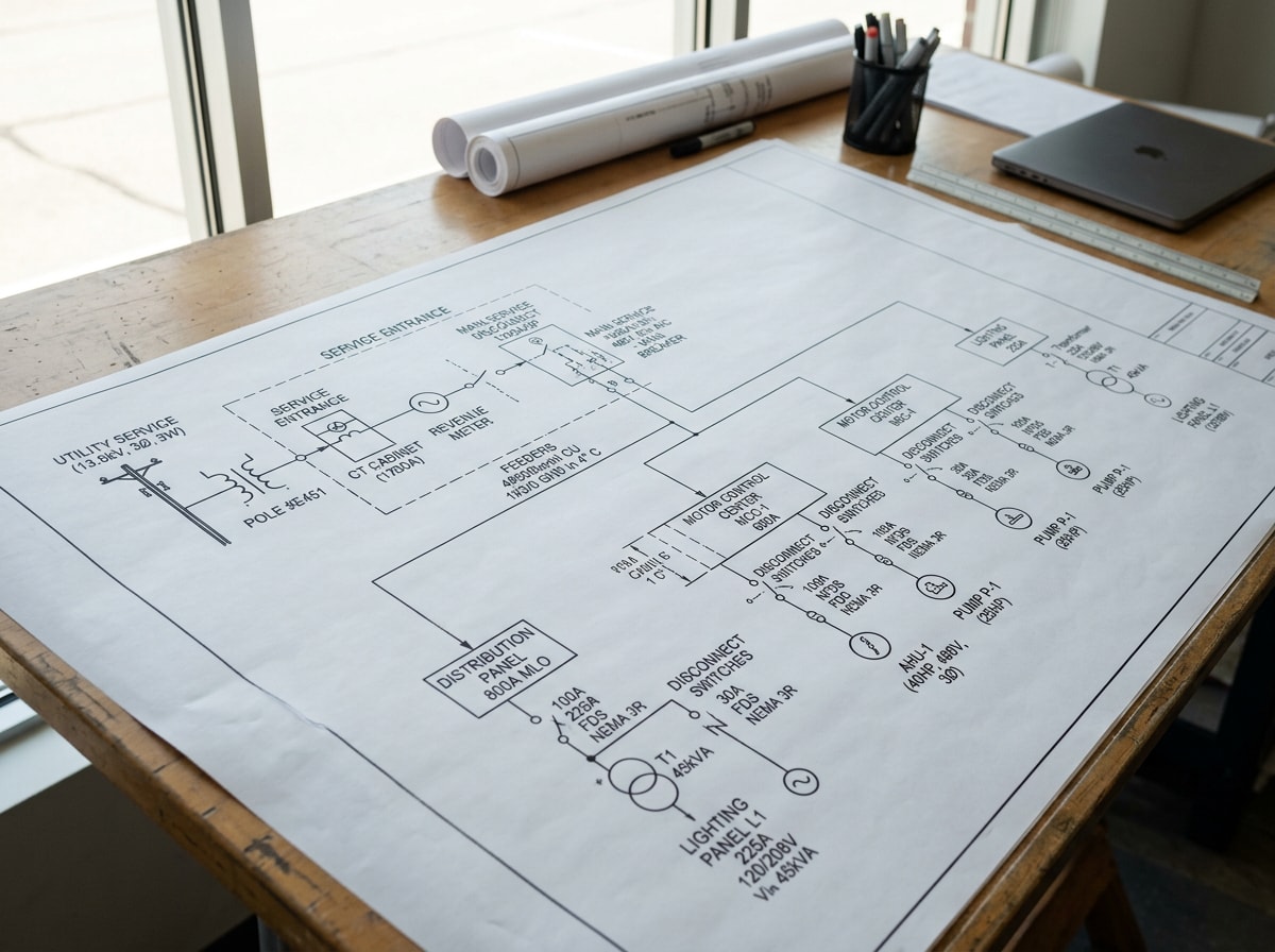 Single-line electrical diagram sheet showing service entrance, feeders and utility tie-in