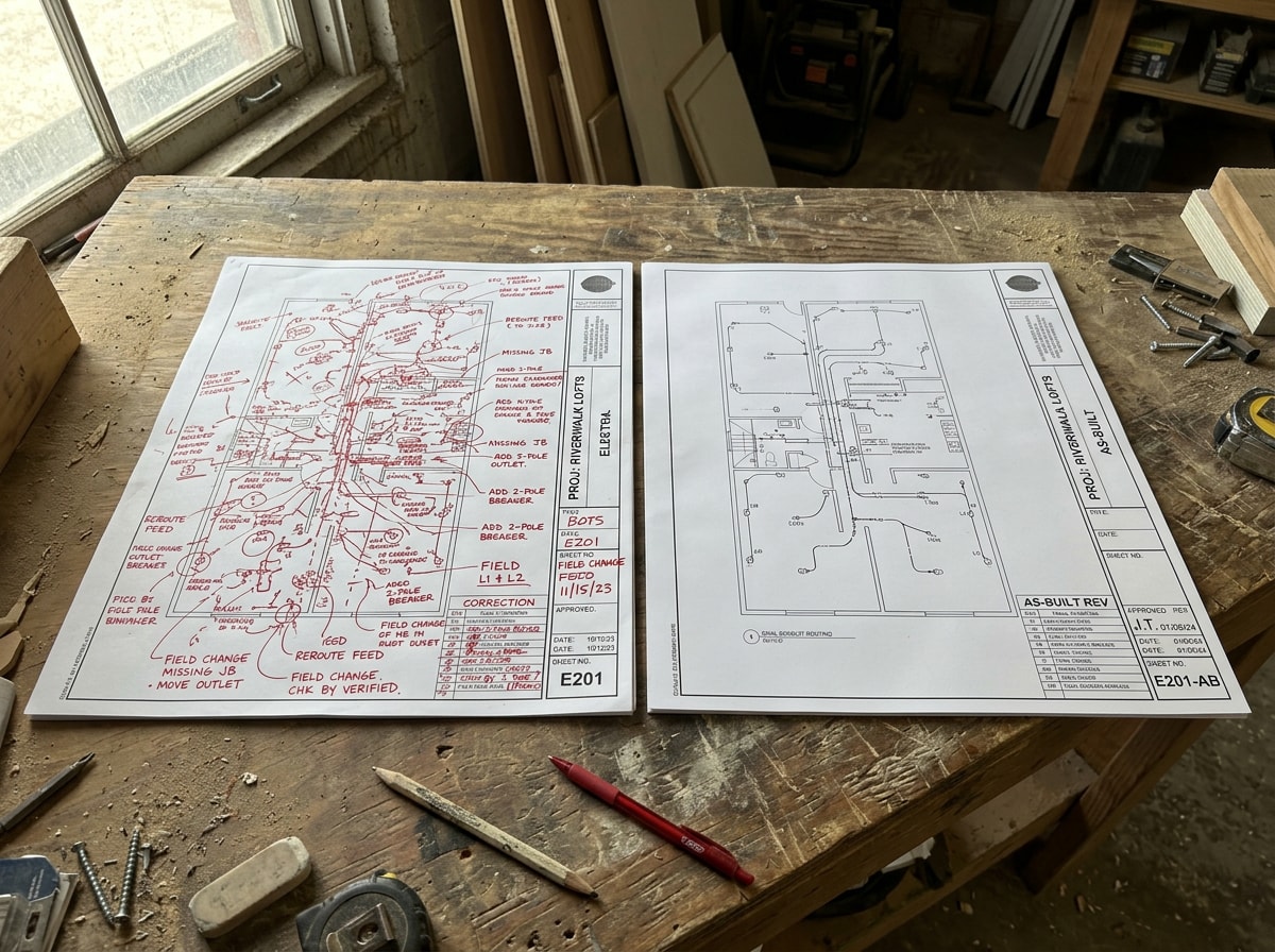 Redline field markup beside the finished clean as-built electrical drawing