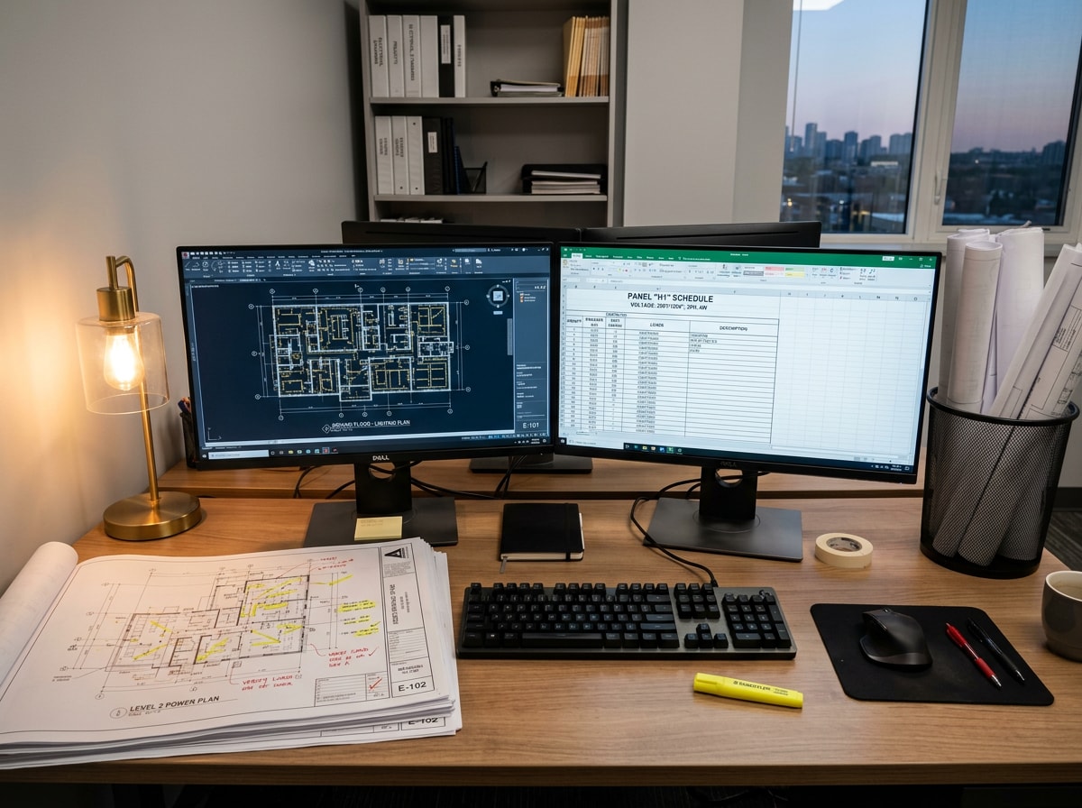 Electrical CAD drafting workstation with a QC markup set and plotted sheets