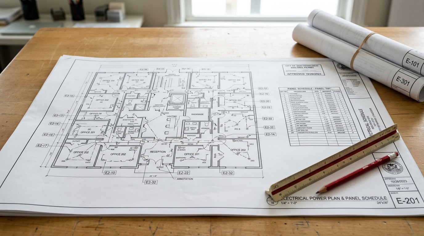 Plotted electrical permit drawing set on a drafting table with scale and red pencil