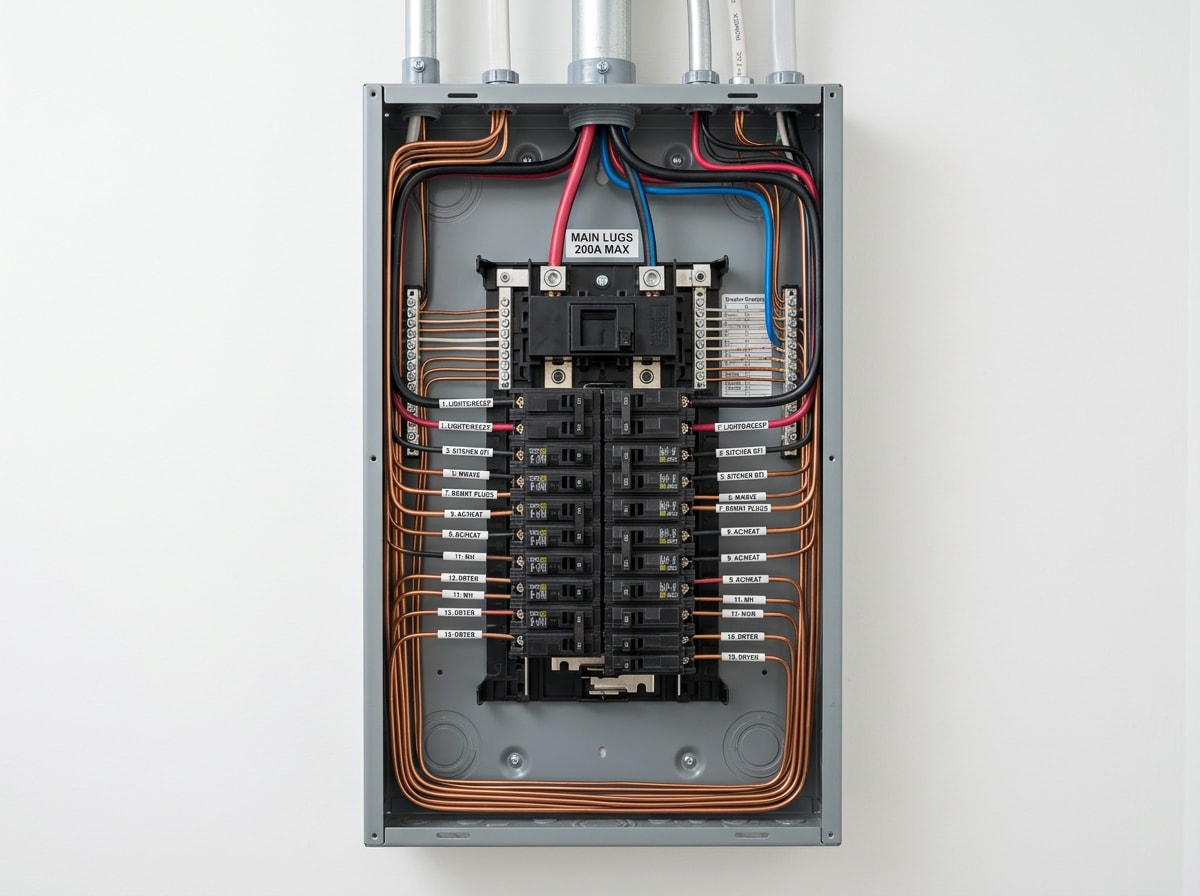 Newly installed 200 amp electrical panel with labeled breakers in a mountain home utility room