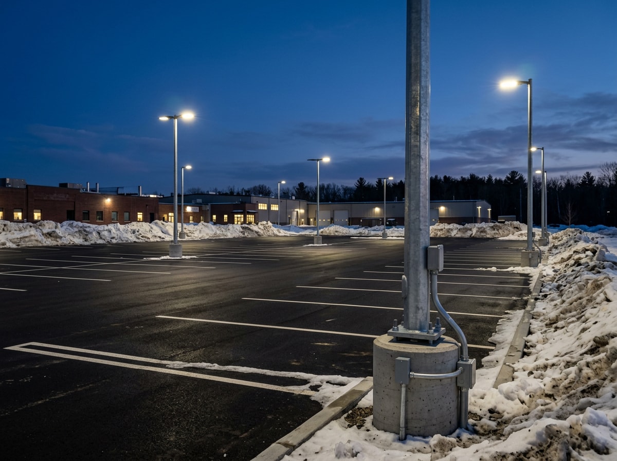 Pole mounted LED parking lot lighting at a snowy commercial property at dusk