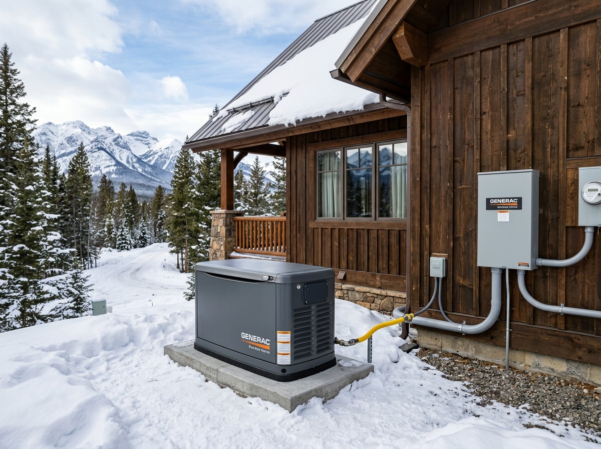 Standby backup generator on a concrete pad beside a snow covered mountain home