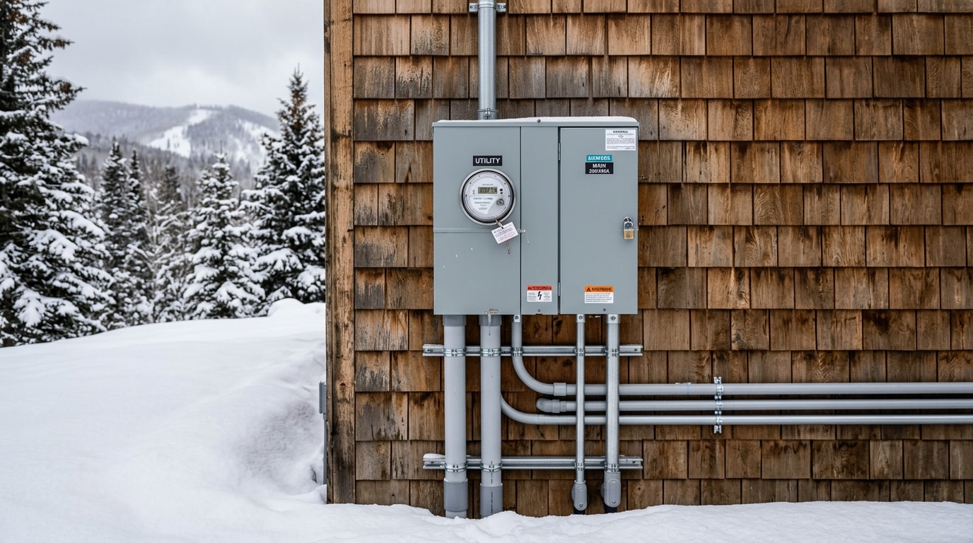 Exterior 200 amp meter main and service panel on a Colorado mountain home in winter Exterior 200 amp meter main and service panel on a Colorado mountain home in winter