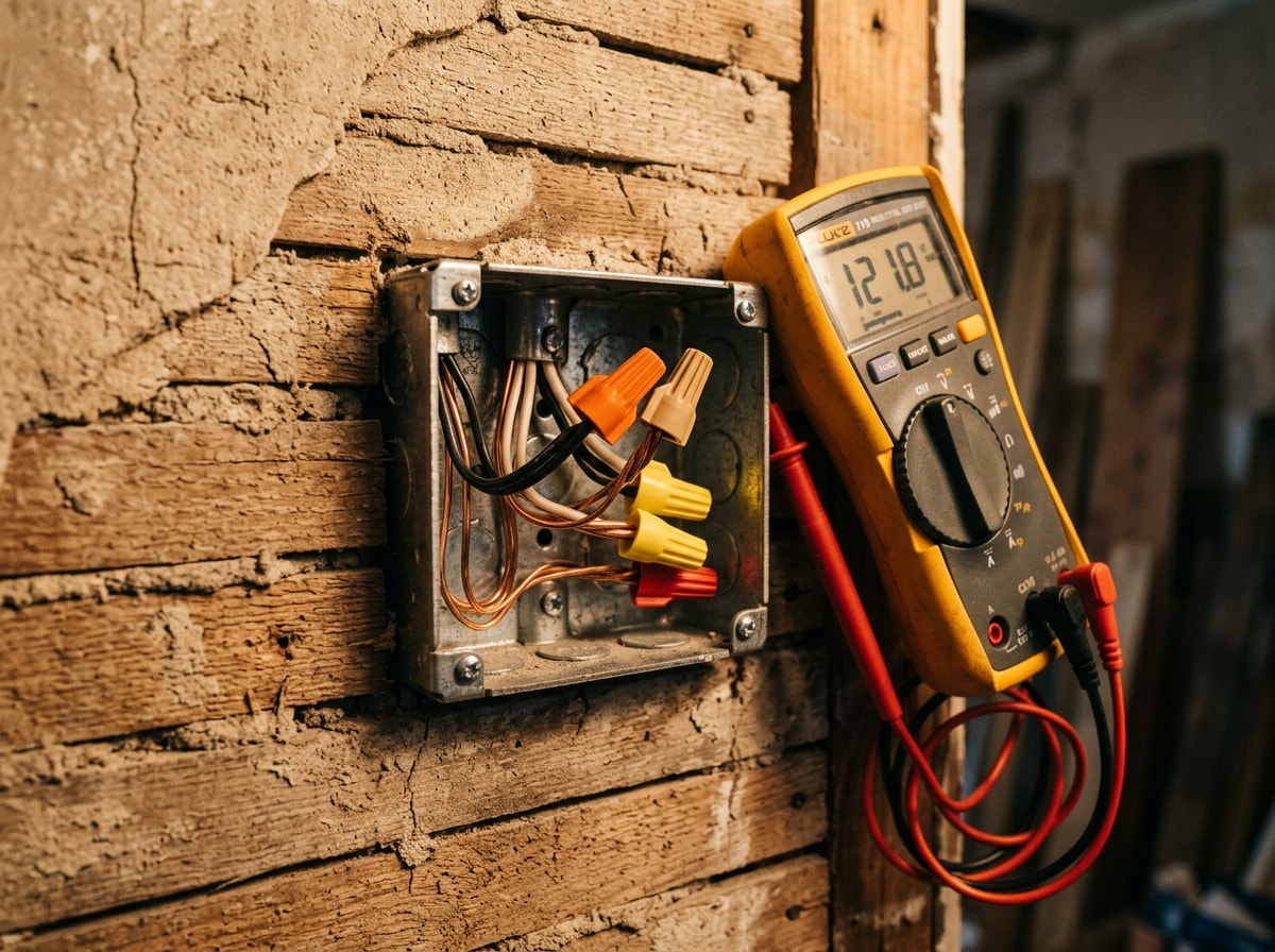 Electrician testing a residential branch circuit at an open junction box in a Gunnison County home