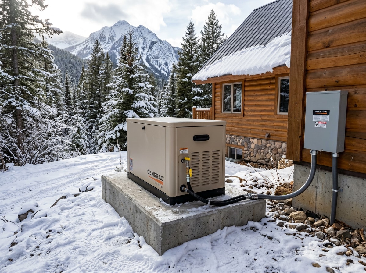 Standby backup generator on a concrete pad beside a mountain home with snow on the ground