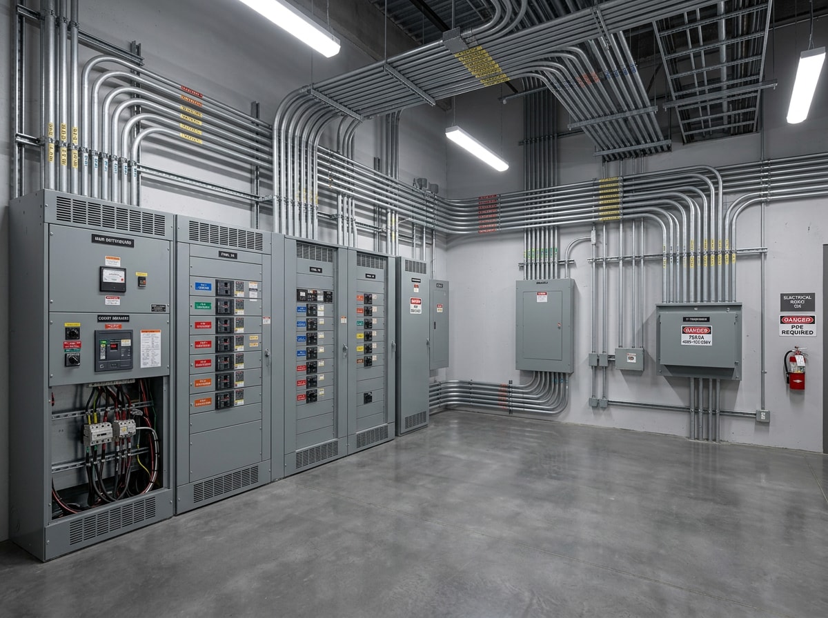 Commercial electrical panel and switchgear installation in a finished mechanical room