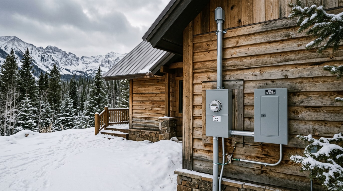 New 200-amp electrical service and meter base installed on a mountain home in Gunnison County, CO
