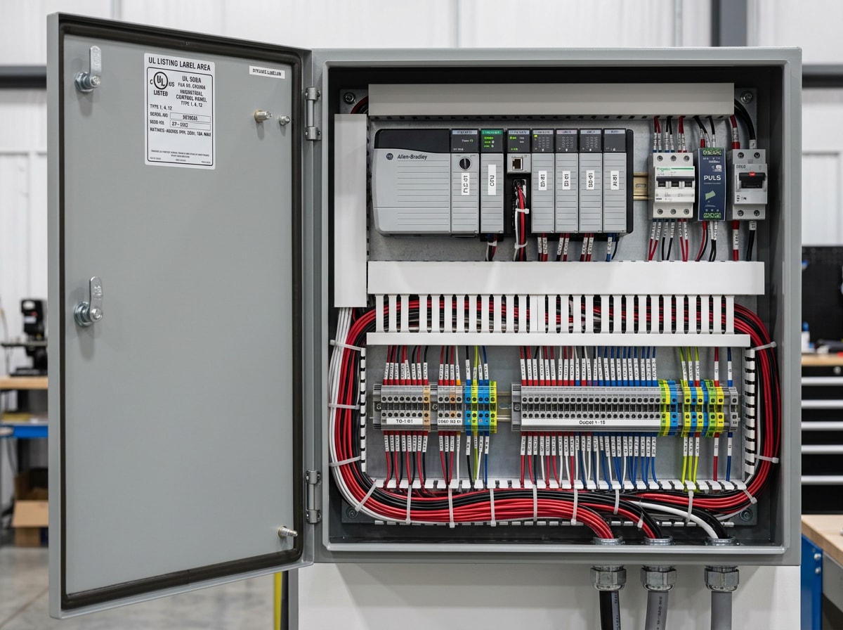 Industrial control panel interior with labeled terminal blocks, wire duct, and a PLC rack at a water treatment plant