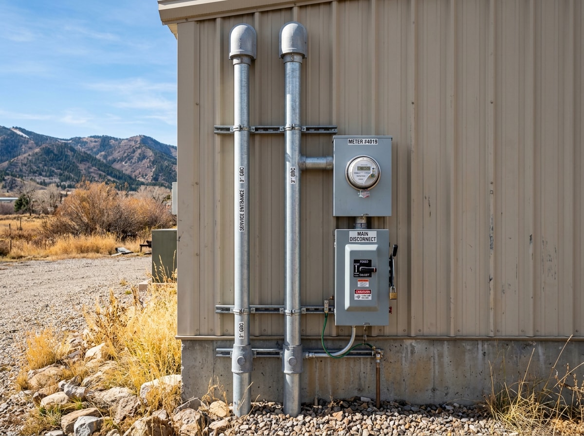 Outdoor industrial service entrance with conduit risers, meter base, and a disconnect mounted on a plant exterior wall