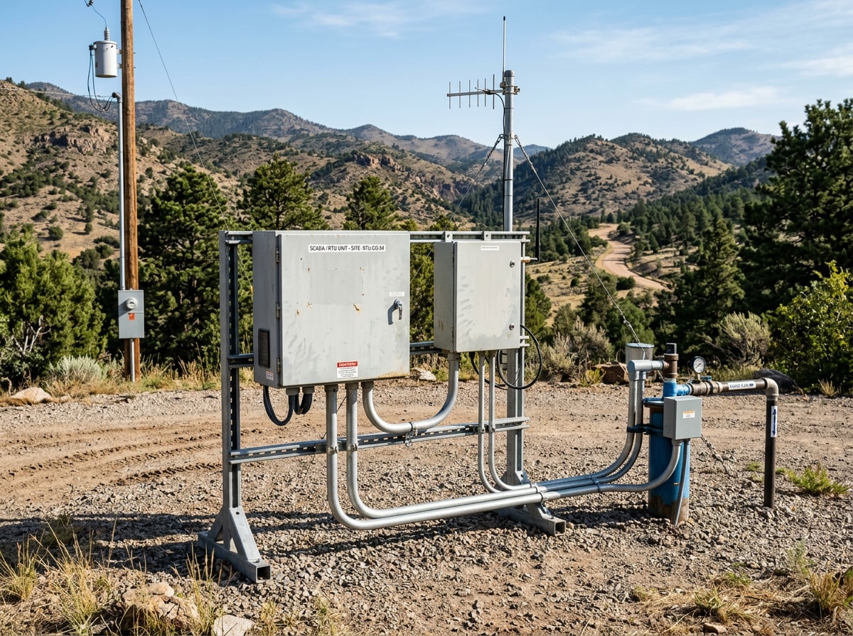 Rack of remote terminal unit enclosures and antenna mast at a rural municipal water site