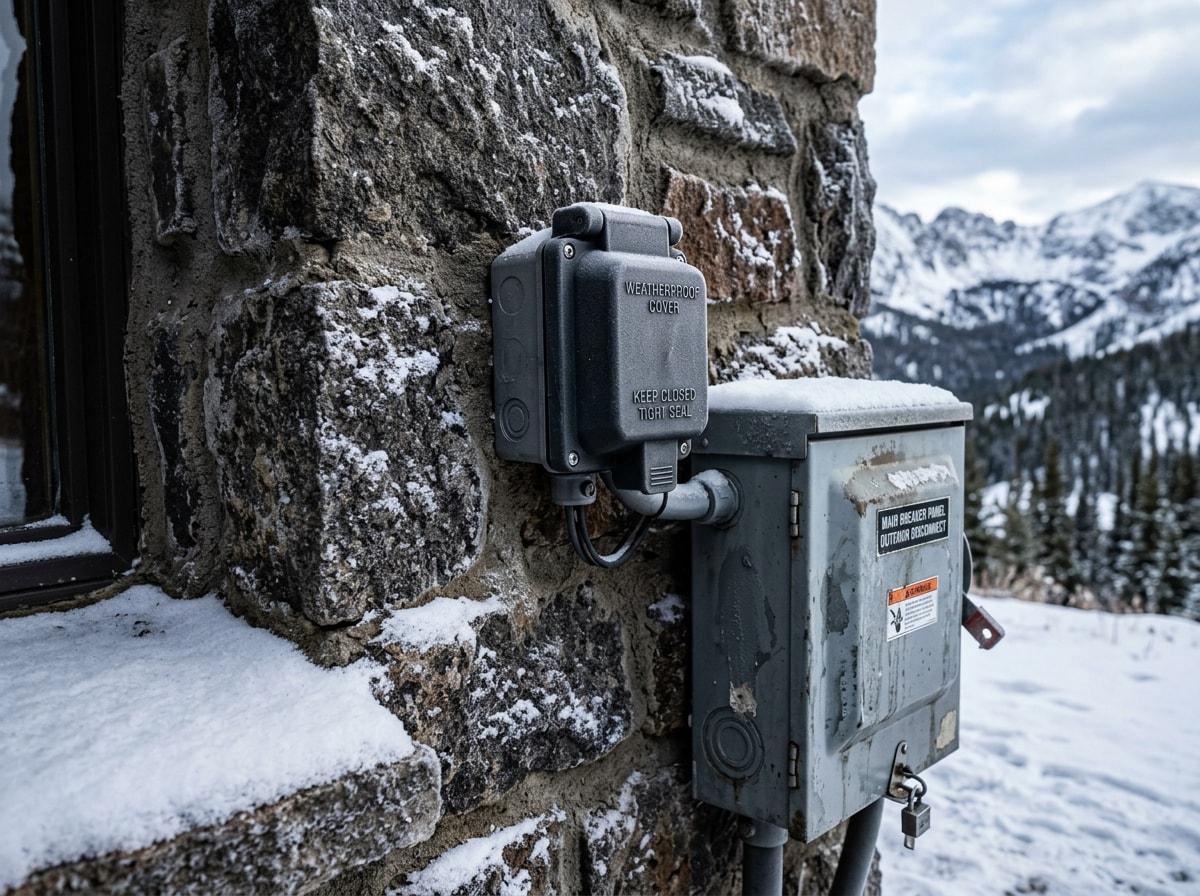 Weatherproofed outdoor electrical outlet and panel built for mountain climate conditions