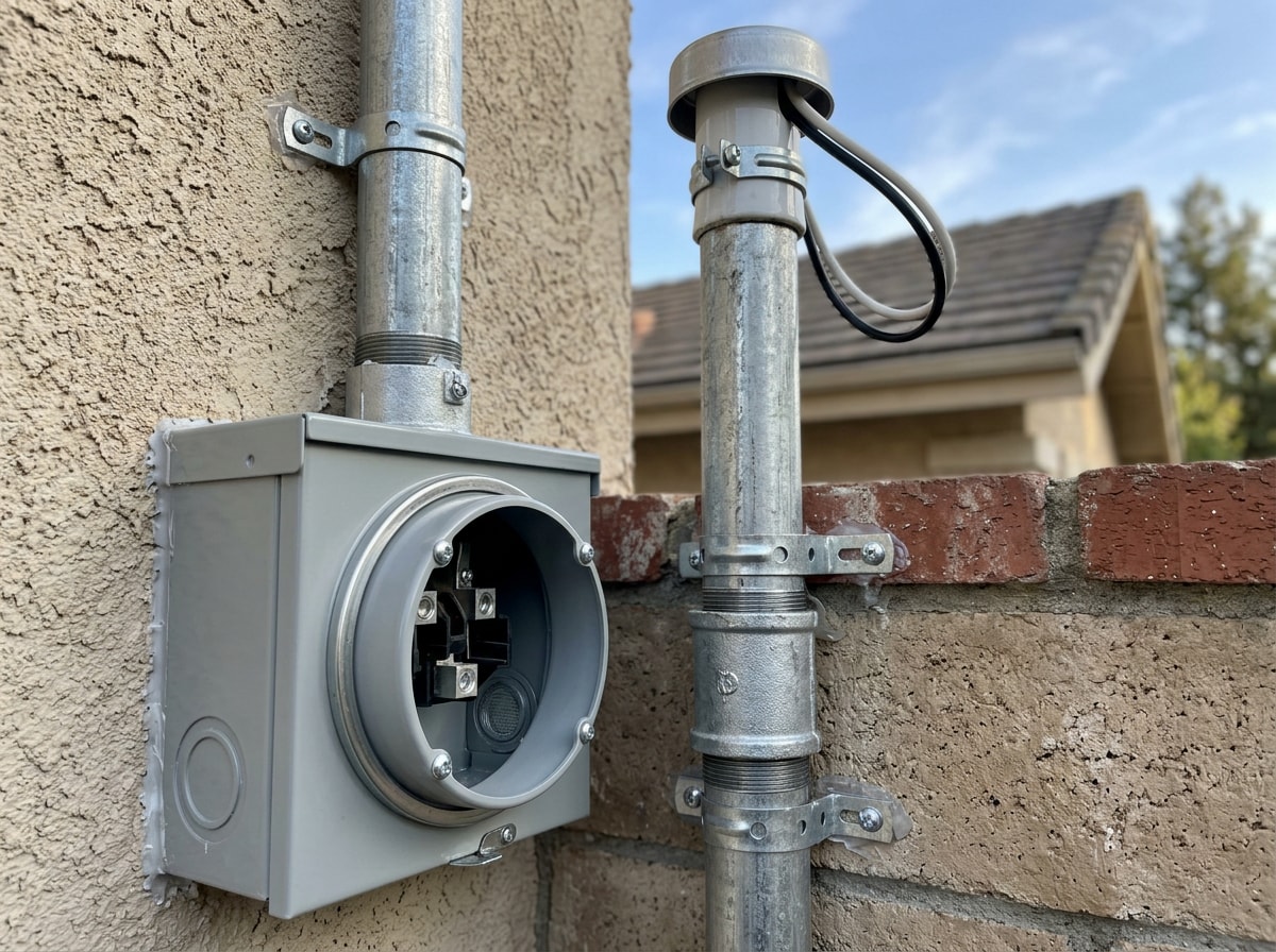 New 200 amp meter base and weatherproof service mast on the exterior wall of a mountain home