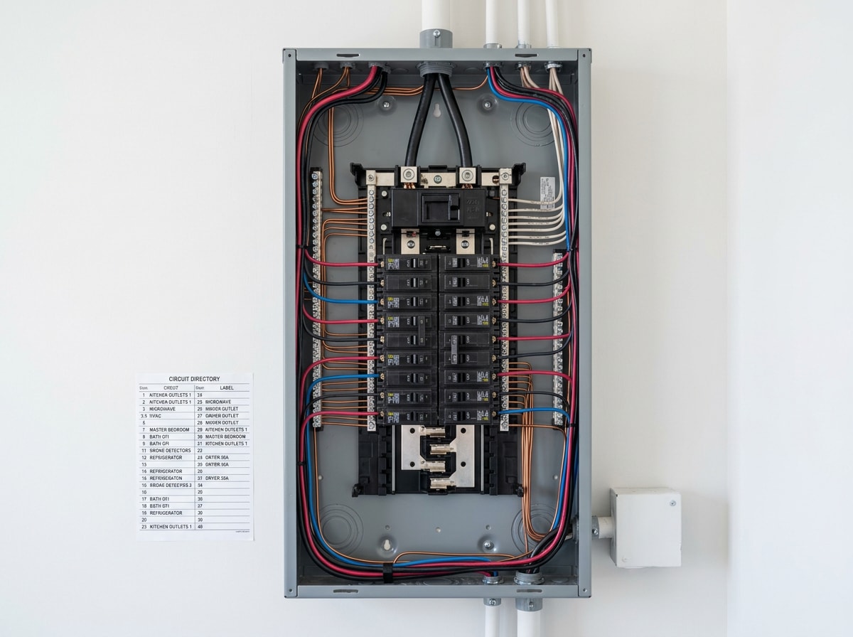 Finished 200 amp residential load center with labeled breakers and neat copper conductors