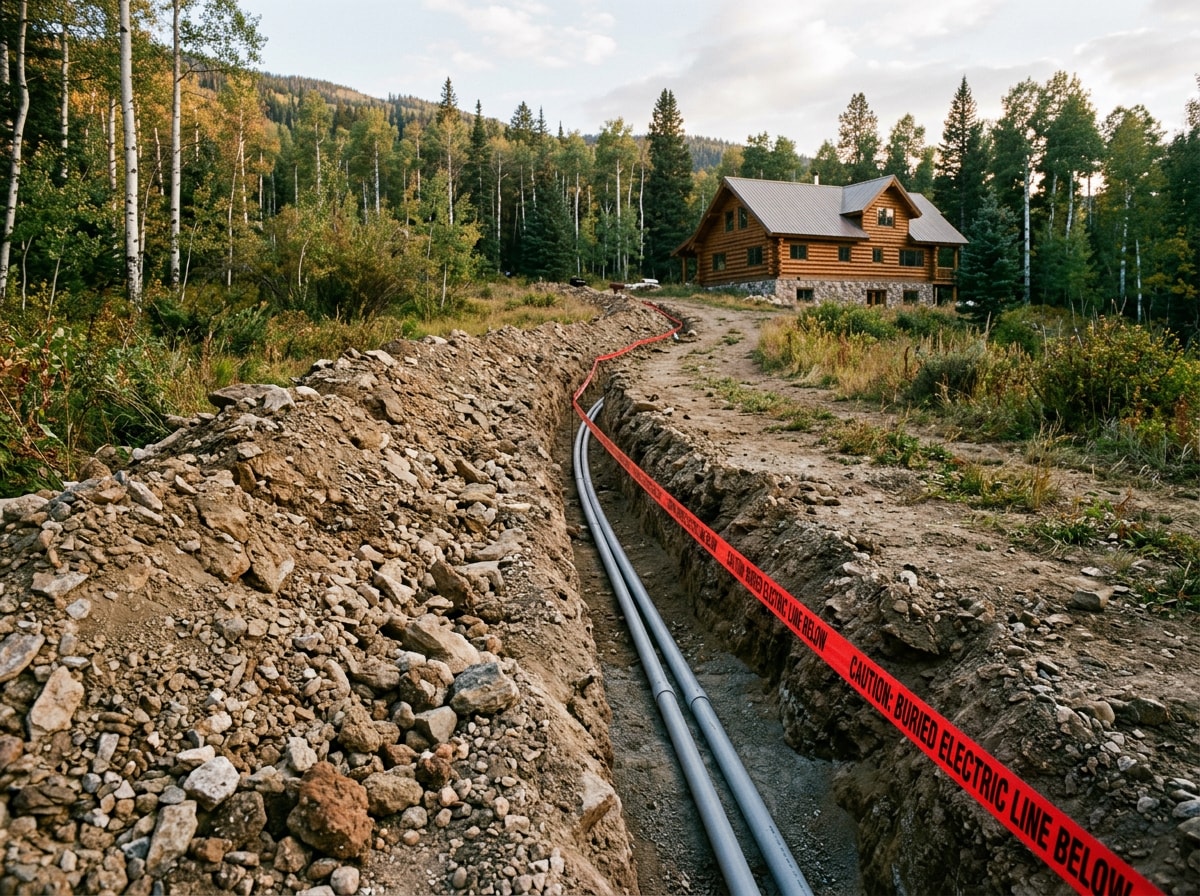 Open trench with new gray electrical conduit and warning tape running toward a rural home