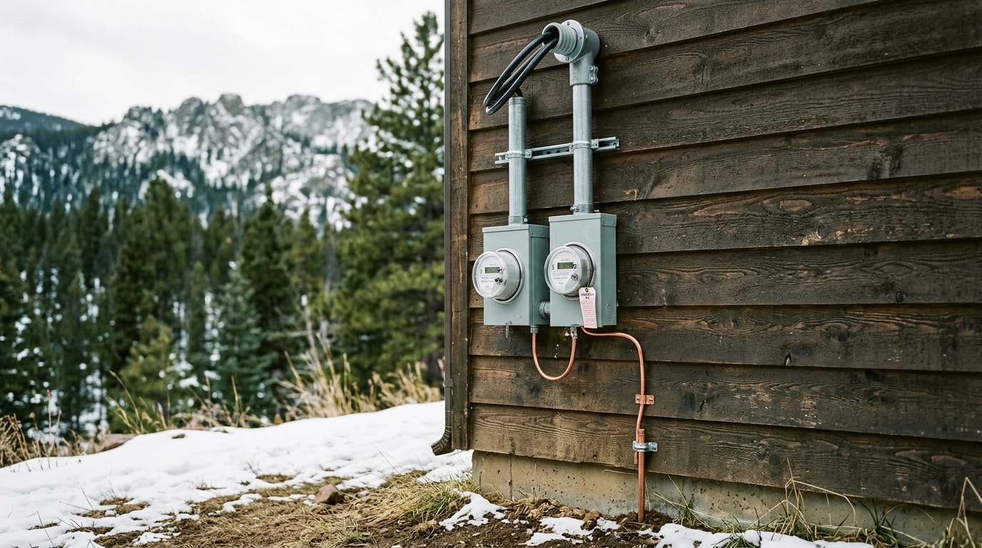 New meter base and service mast installed on a mountain home exterior near Lake City, Colorado New meter base and service mast installed on a mountain home exterior near Lake City, Colorado