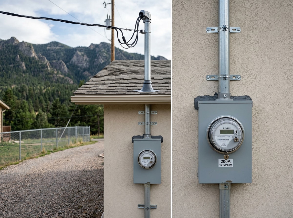 Outdoor electrical meter base and new service panel installed on a rural Colorado home
