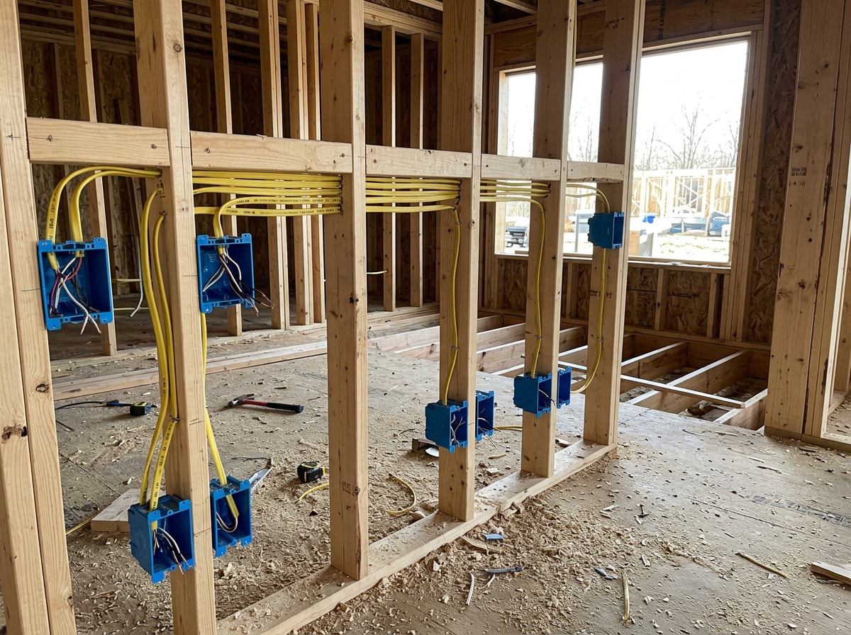Rough-in electrical wiring and blue boxes installed in open wall framing before drywall