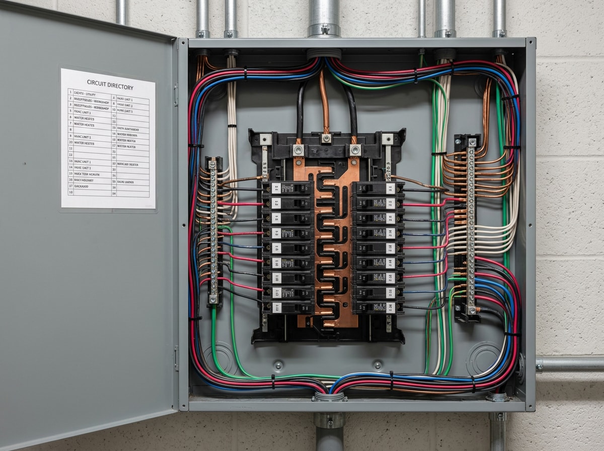 Interior electrical panel with breakers exposed and labeled during a load evaluation