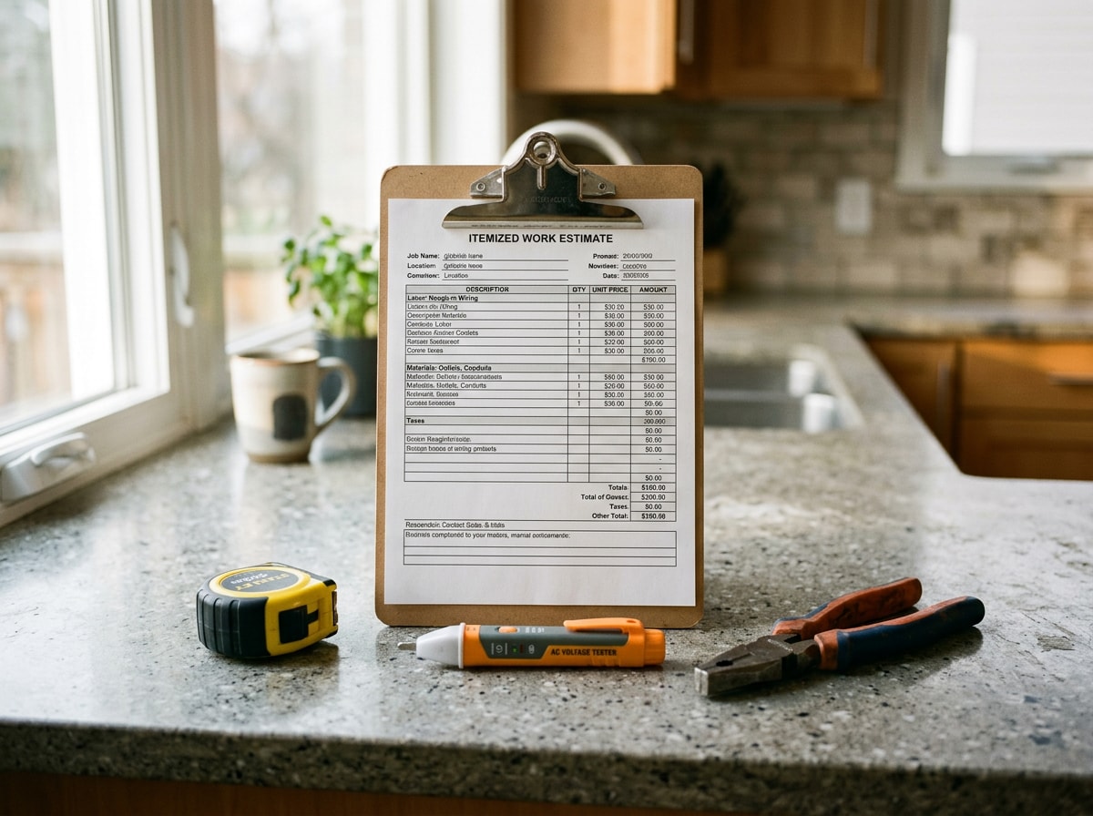 Written electrical estimate on a clipboard beside a tape measure and voltage tester on a kitchen counter