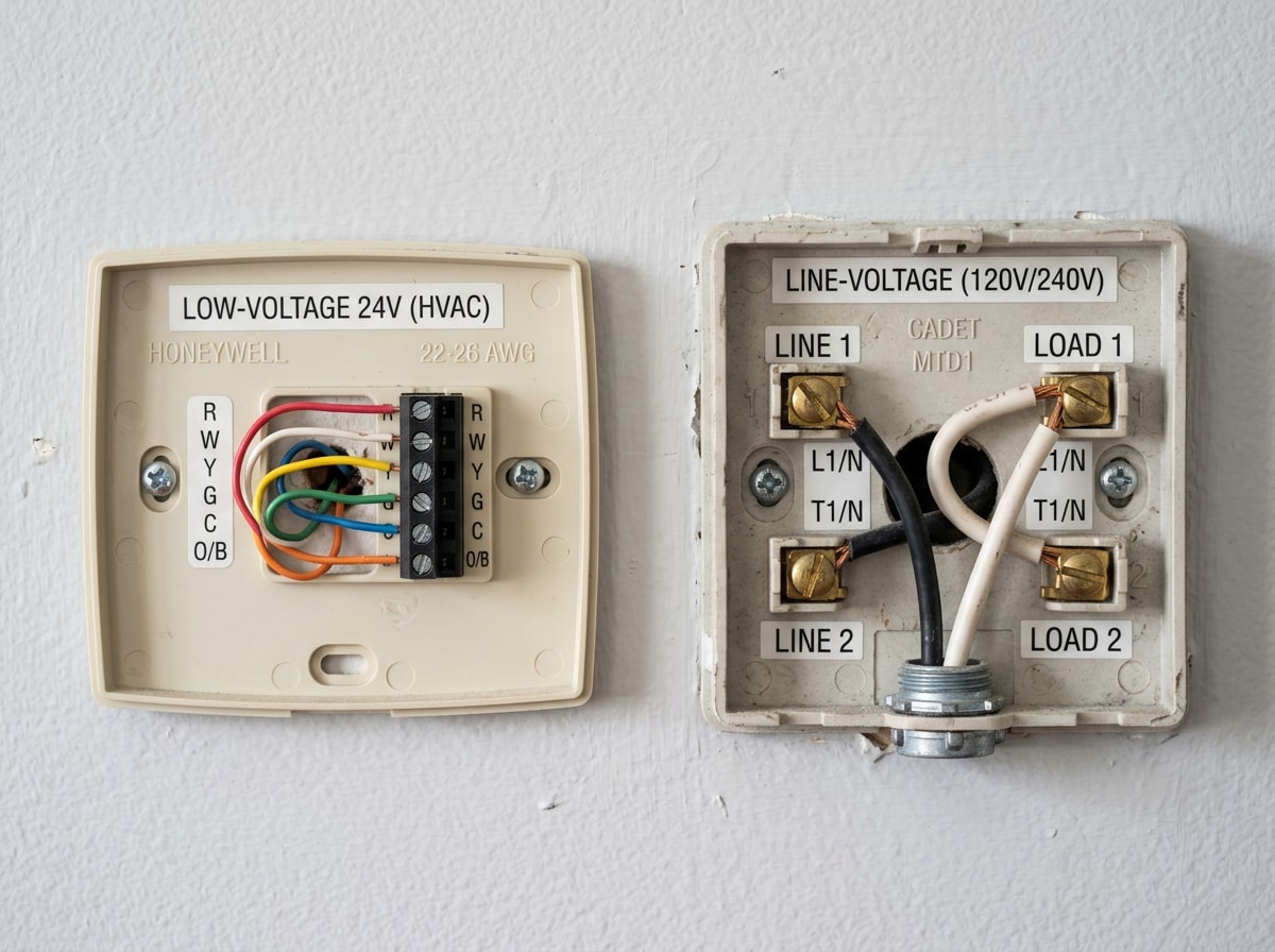 wiring diagram comparing low-voltage 24V thermostat terminals to line-voltage 120V and 240V thermostat wiring