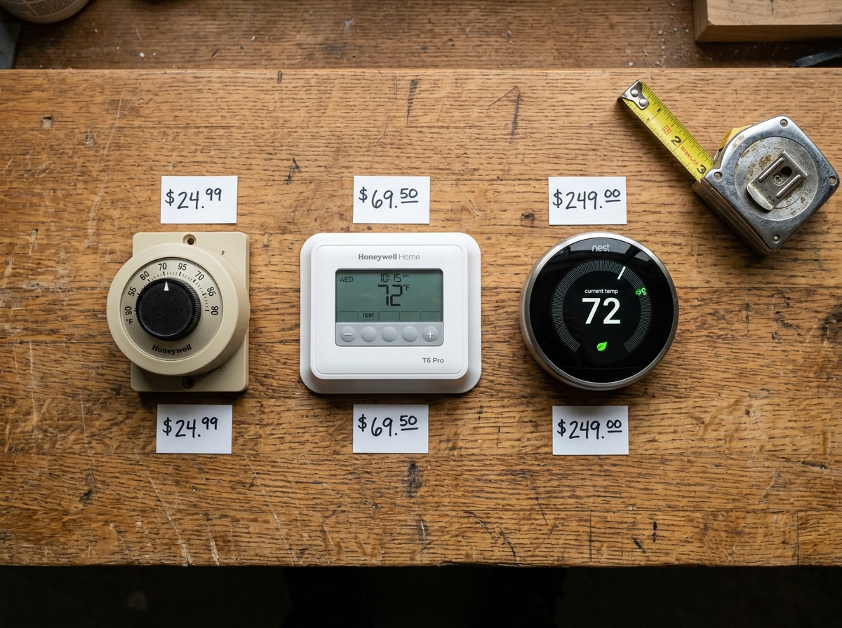 cost comparison graphic showing thermostat unit and labor pricing for manual, programmable, and smart thermostats
