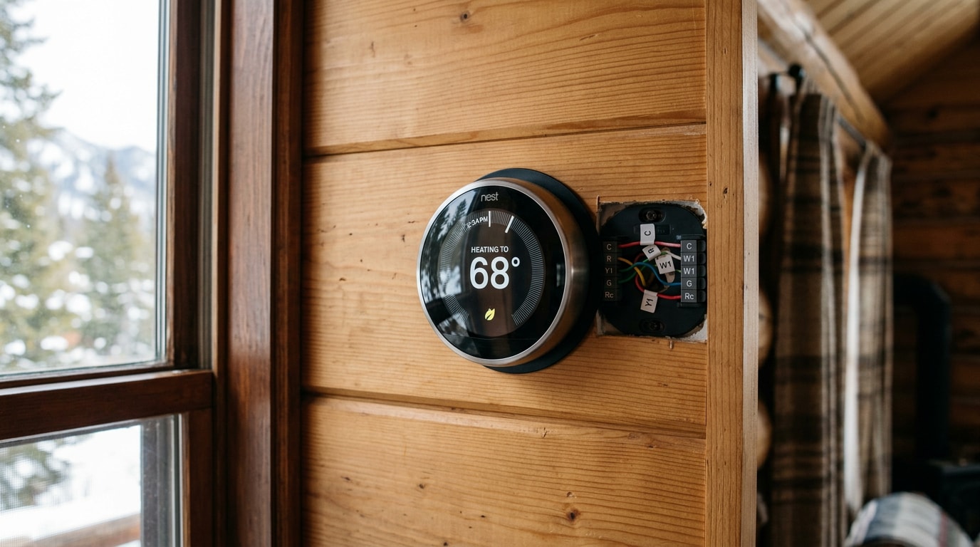 Newly installed smart thermostat on a mountain home wall Newly installed smart thermostat on a mountain home wall