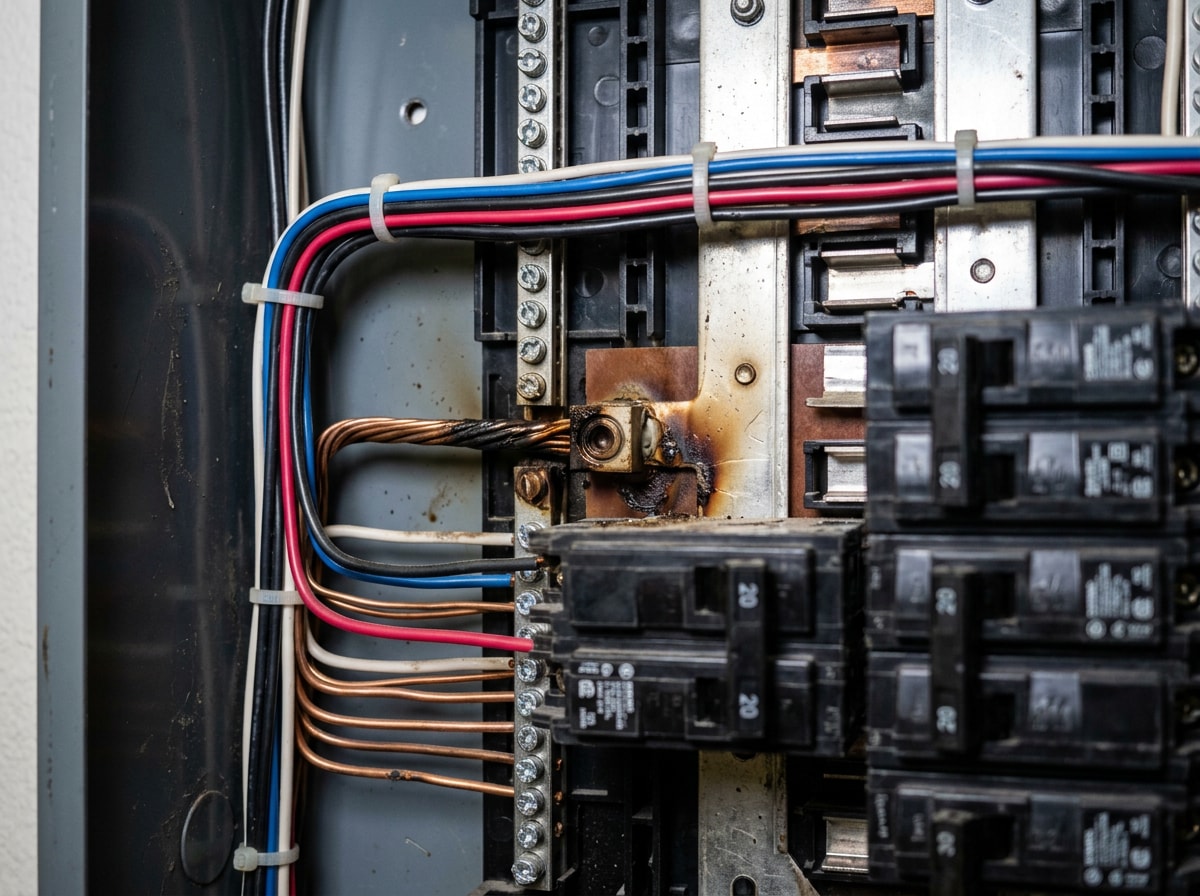 Commercial electrical panel interior showing heat discoloration and scorch marks around a breaker