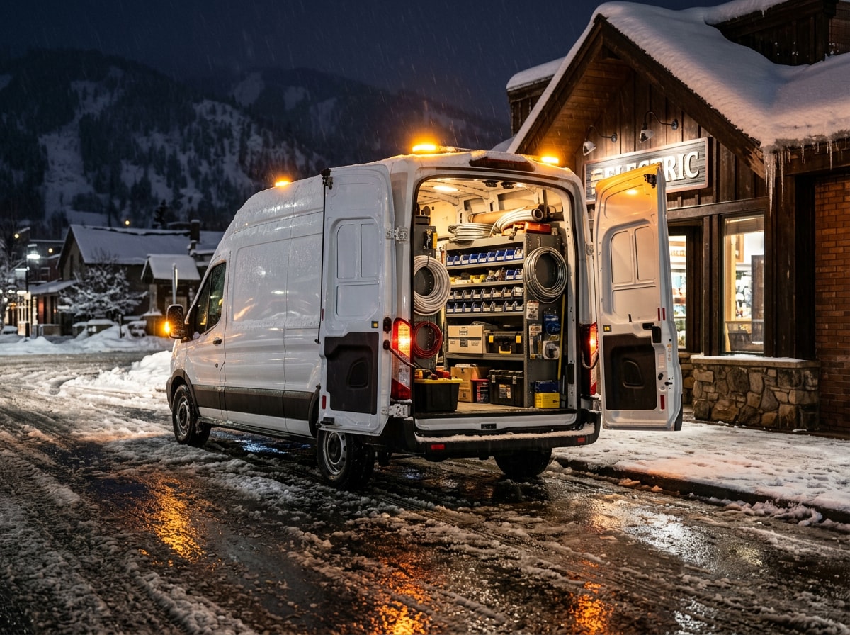 Electrical service van parked outside a small commercial building at night in a Colorado mountain town