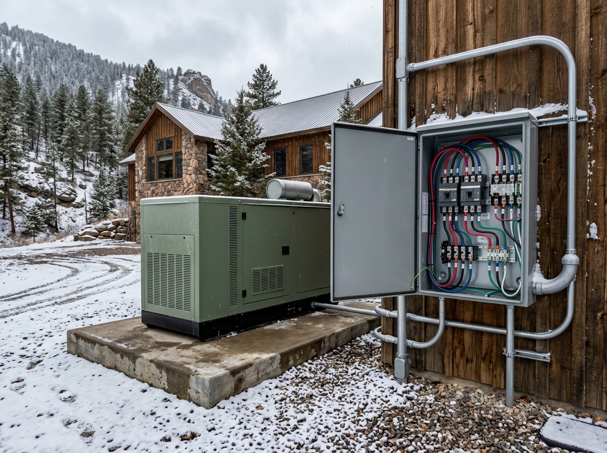 Commercial standby generator and automatic transfer switch installed on a concrete pad outside a mountain building