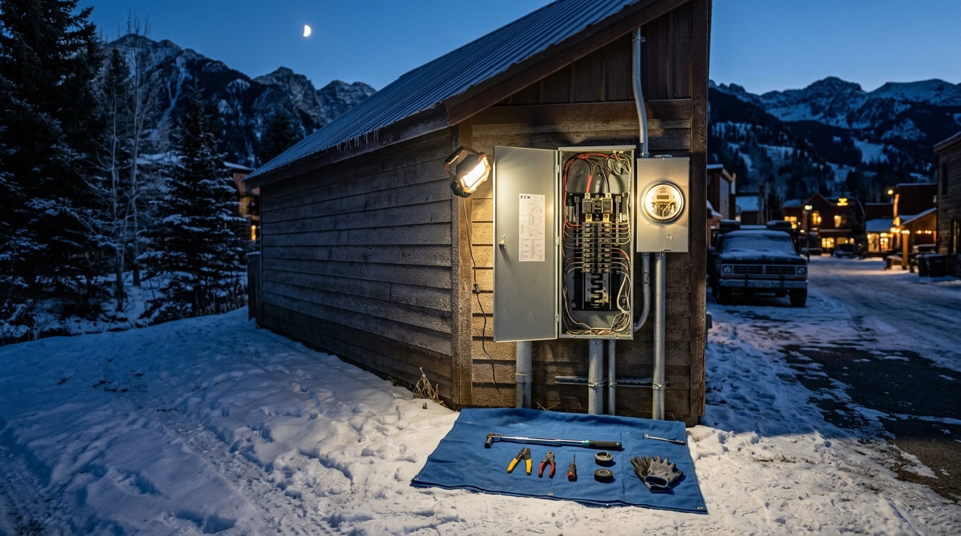 Emergency commercial electrical service panel work at night on a Lake City, Colorado building