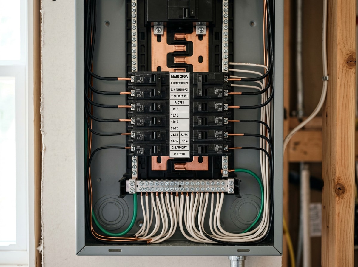 Open residential electrical panel with neatly labeled circuit breakers and copper branch wiring