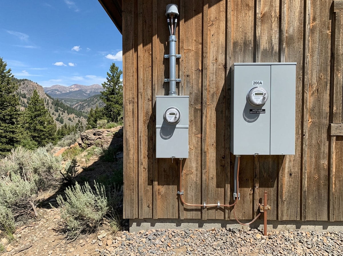 Newly installed exterior meter main and service disconnect on a rural Colorado home