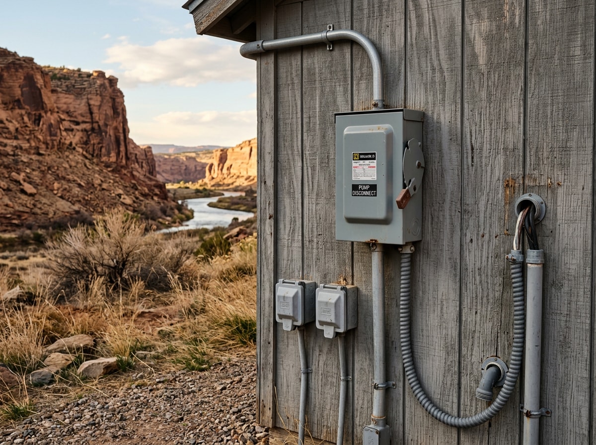 Finished exterior electrical service with conduit and disconnect on a mountain property near the Arkansas River corridor
