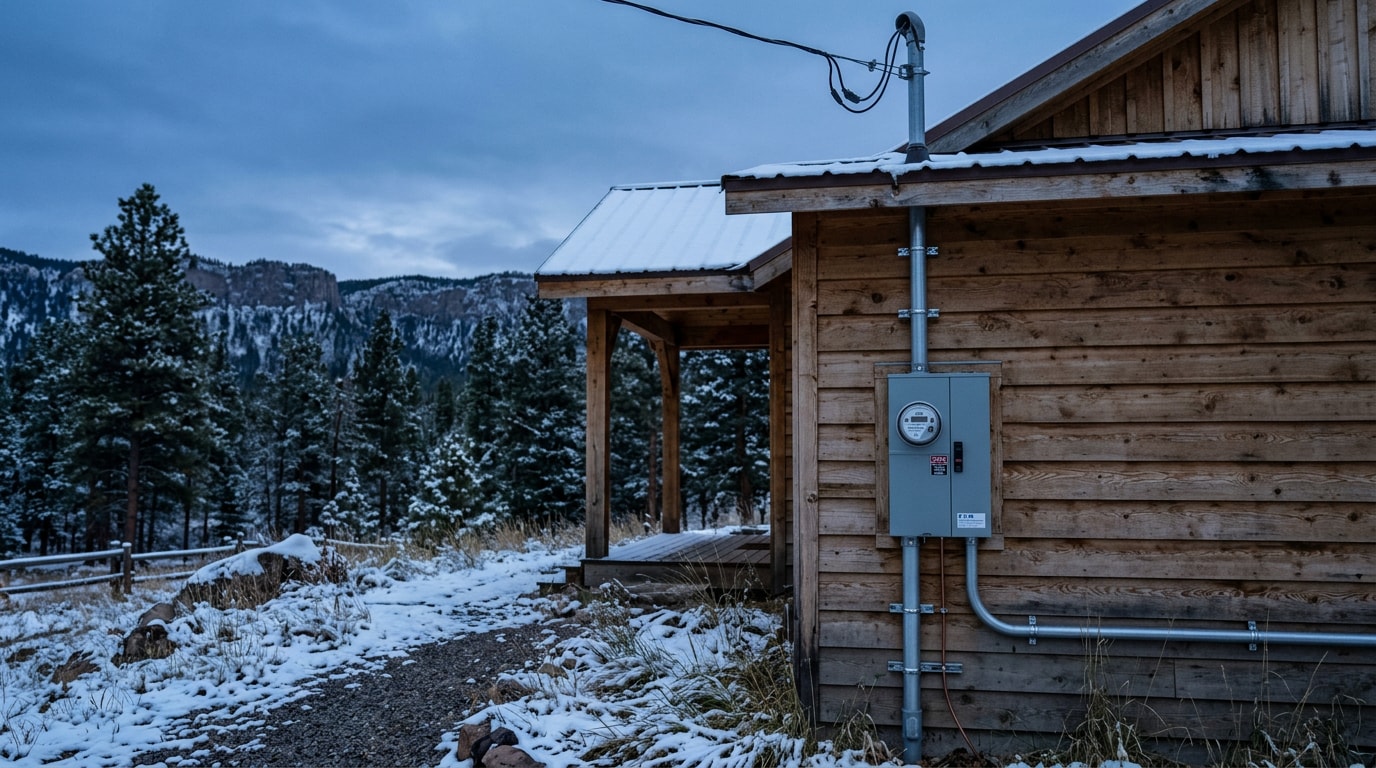 Newly installed exterior electrical service and disconnect on a rural home near Cotopaxi, Colorado Newly installed exterior electrical service and disconnect on a rural home near Cotopaxi, Colorado