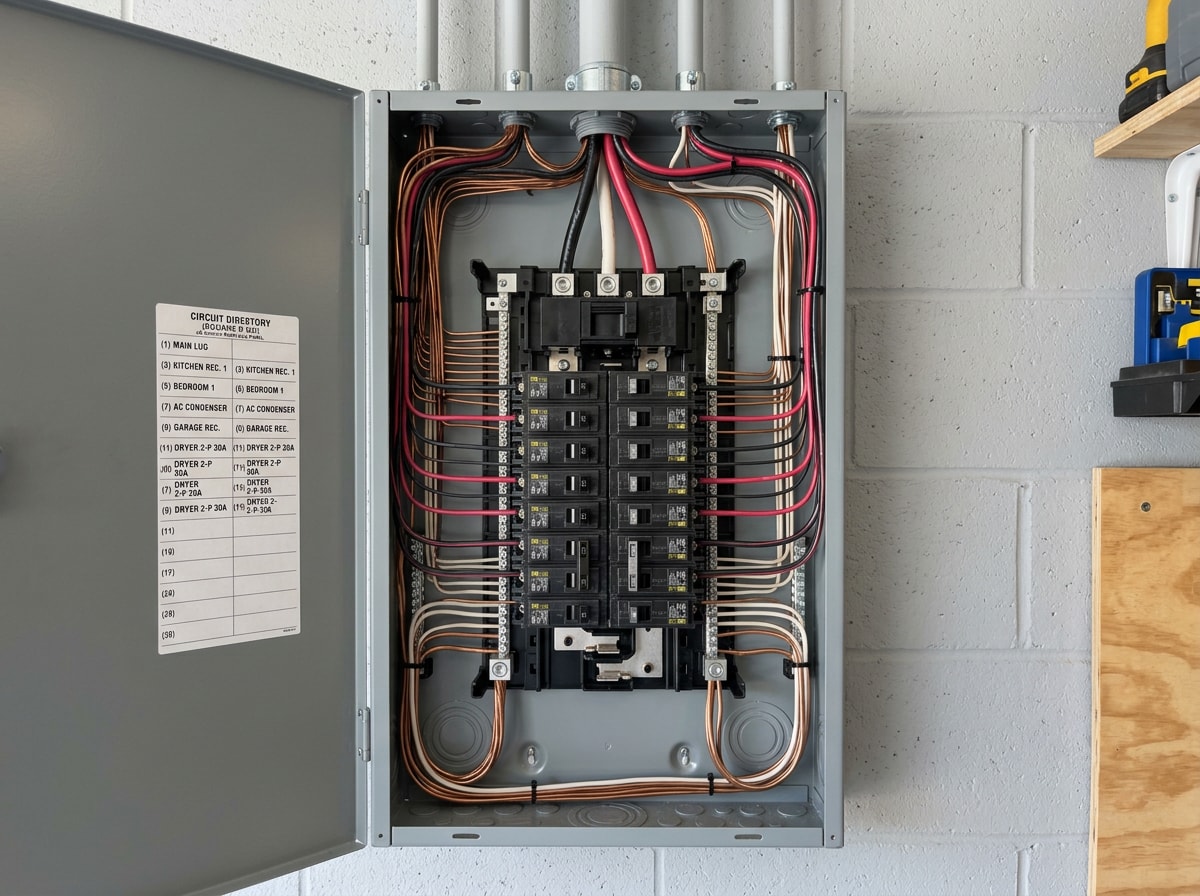 Finished residential electrical panel with labeled breakers in a Canon City home
