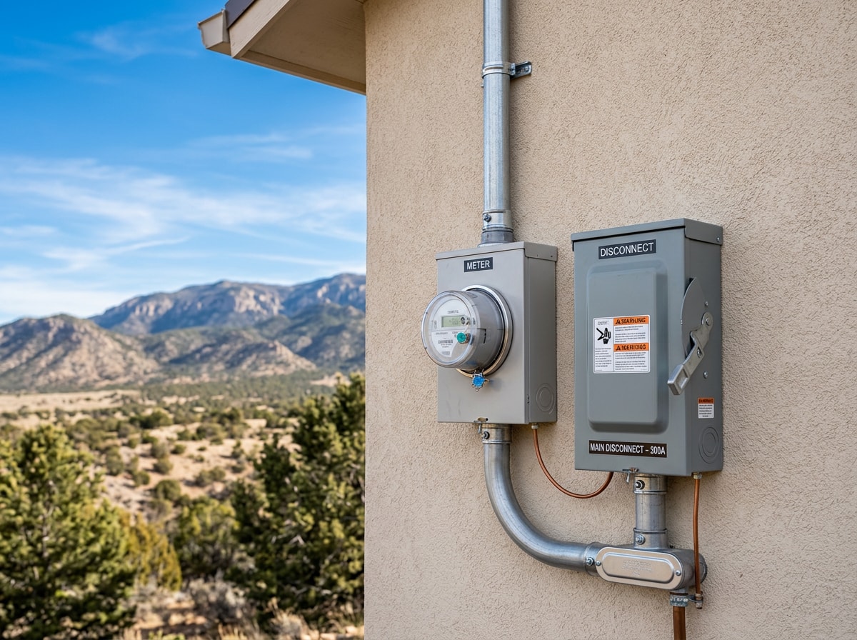 Neatly finished 200-amp exterior meter main and conduit run on a Colorado home