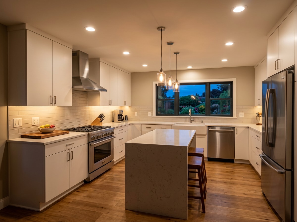 Finished recessed lighting and clean trim work in a remodeled Colorado kitchen