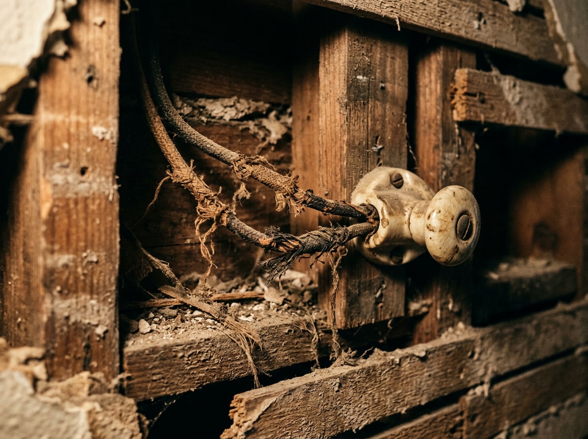 Deteriorated cloth insulated wiring exposed in an open wall cavity during a historic home rewire