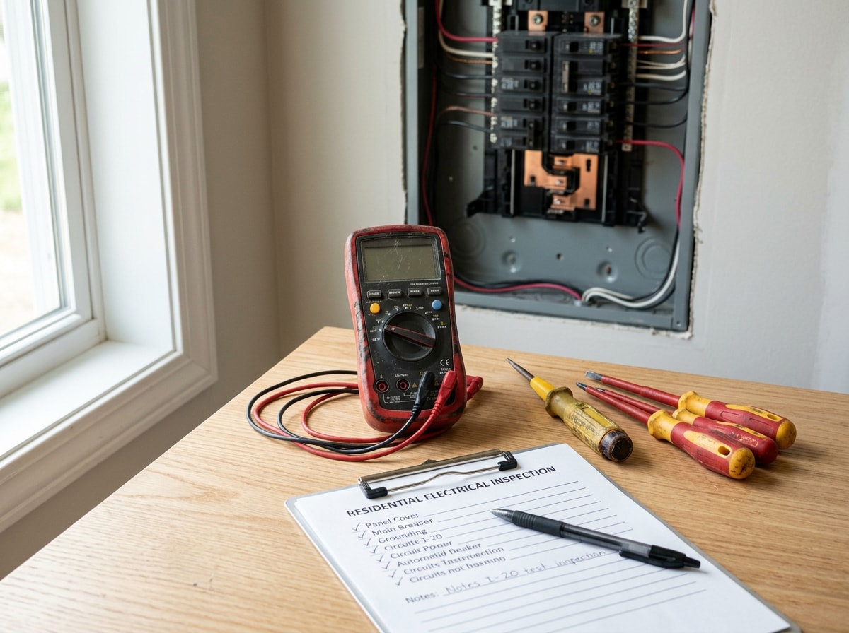 Electrician hand tools and a multimeter laid out during a residential electrical safety inspection