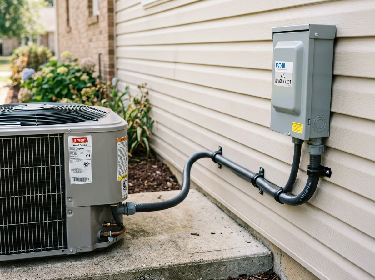 Outdoor air conditioner disconnect box and conduit wired to a condenser unit at a Colorado home